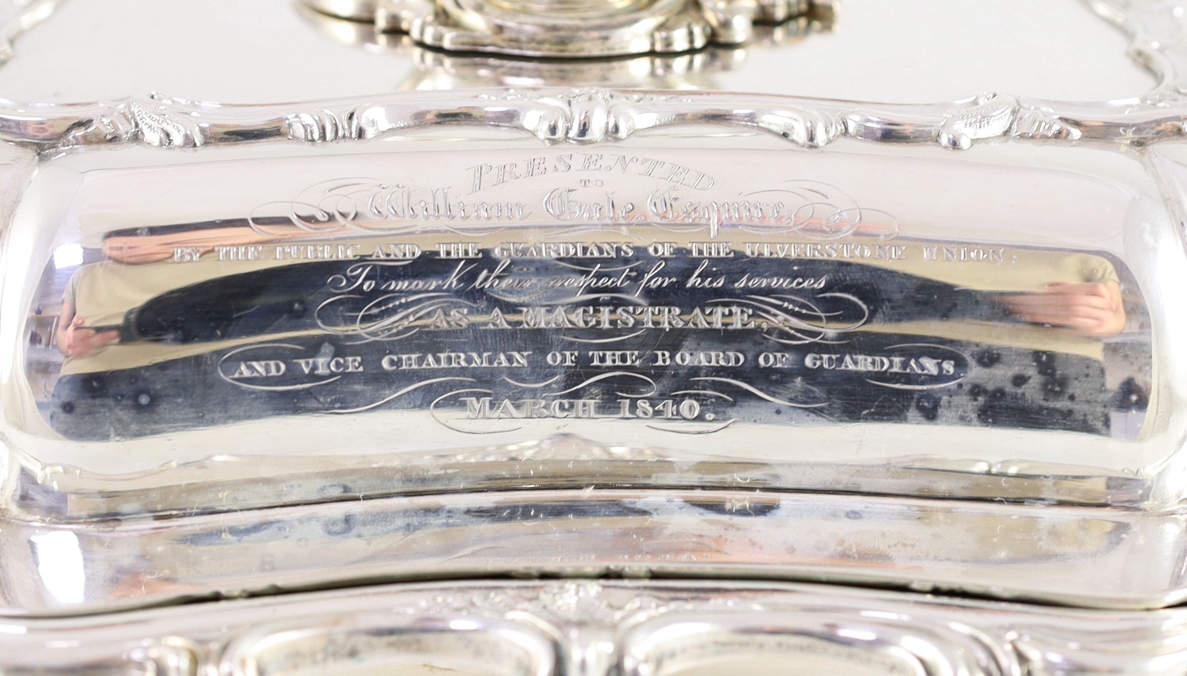 An early Victorian silver tureen and cover with handle, by Samuel Roberts & Co, with engraved presentation inscription and crest, relating to the Ulverston Union